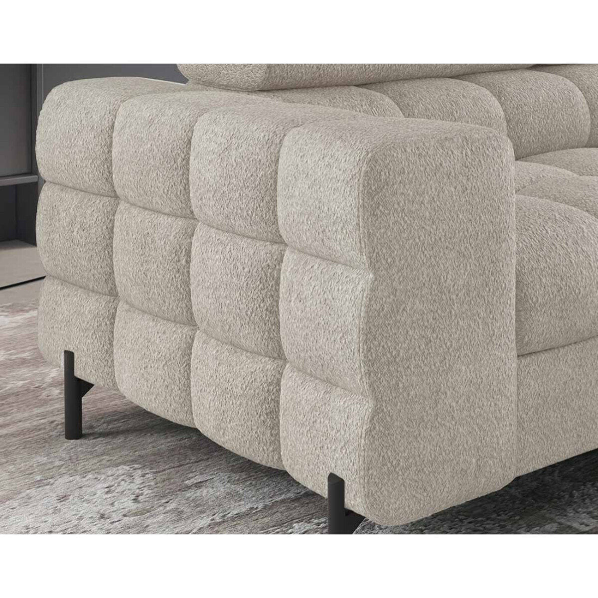 Elisa - canapé d'angle droit 5 places convertible avec coffre et têtières réglables en tissu bouclette - Beige