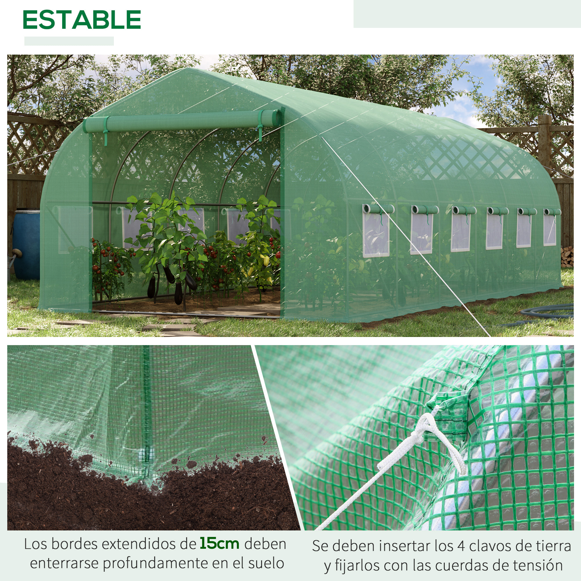 Invernadero de Túnel 595x300x200 cm Invernadero de Jardín Grande con 12 Ventanas y Puerta Enrollable con Cremallera Macro de Metal Resistente para Cultivo Plantas Verde