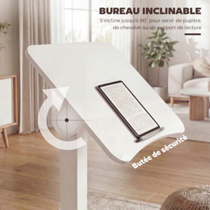 Bureau assis-debout mobile réglable table de lit 2 en 1 plateau inclinable blanc