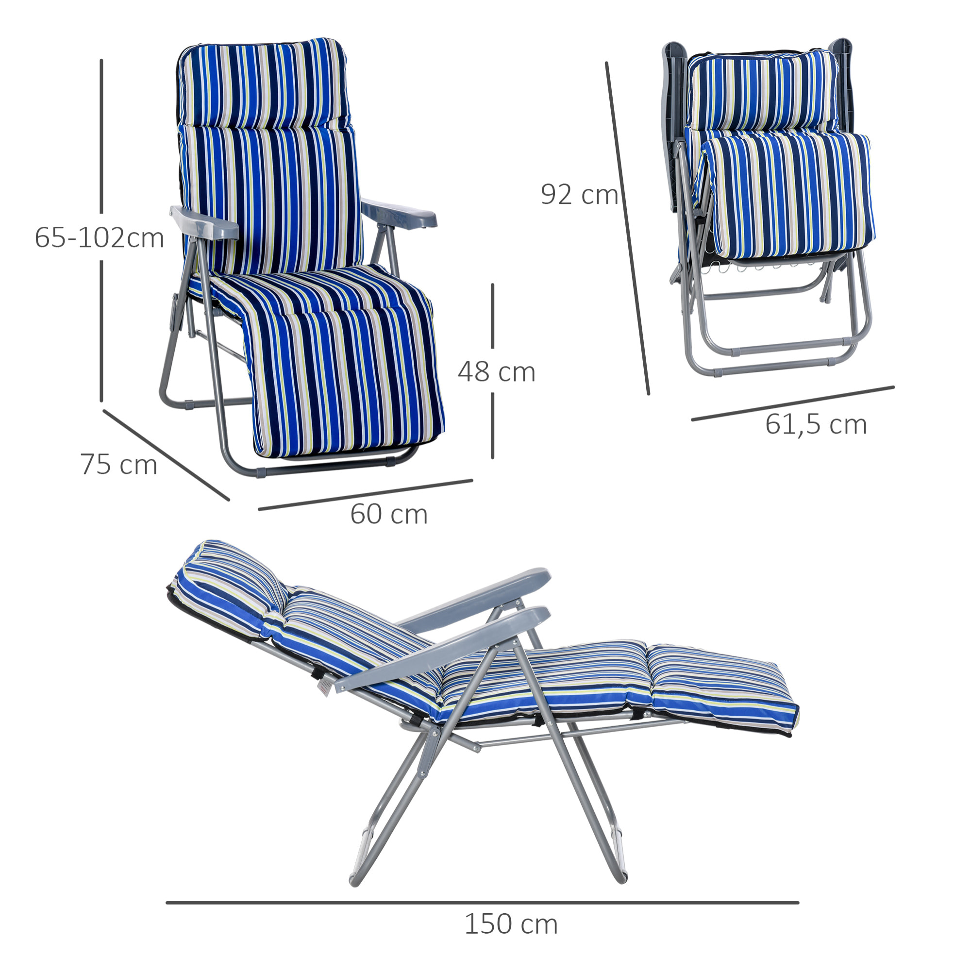 2 Tumbonas Plegables Tumbonas de Jardín de Acero con Cojín Acolchado Respaldo Ajustable en 5 Posiciones y Reposapiés 60x75x65-102 cm Rayas Azul
