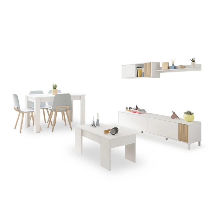 Pack salón con mesa de centro y mesa de comedor Nitza Max V2B Blanco Artik (Blanco Mate) - Natur