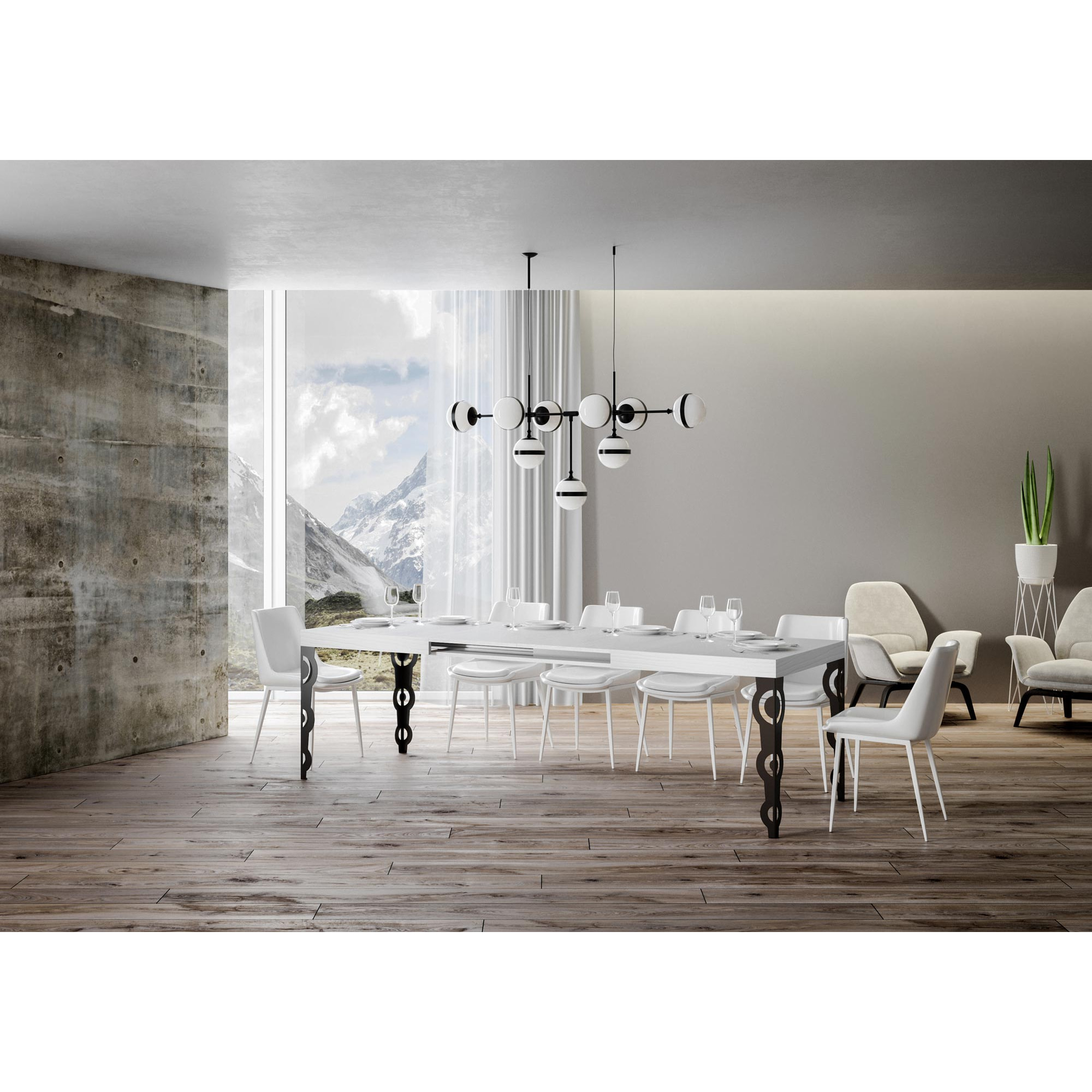 Mesa extensible 90x160/264 cm Karamay Fresno Blanco estructura Antracita