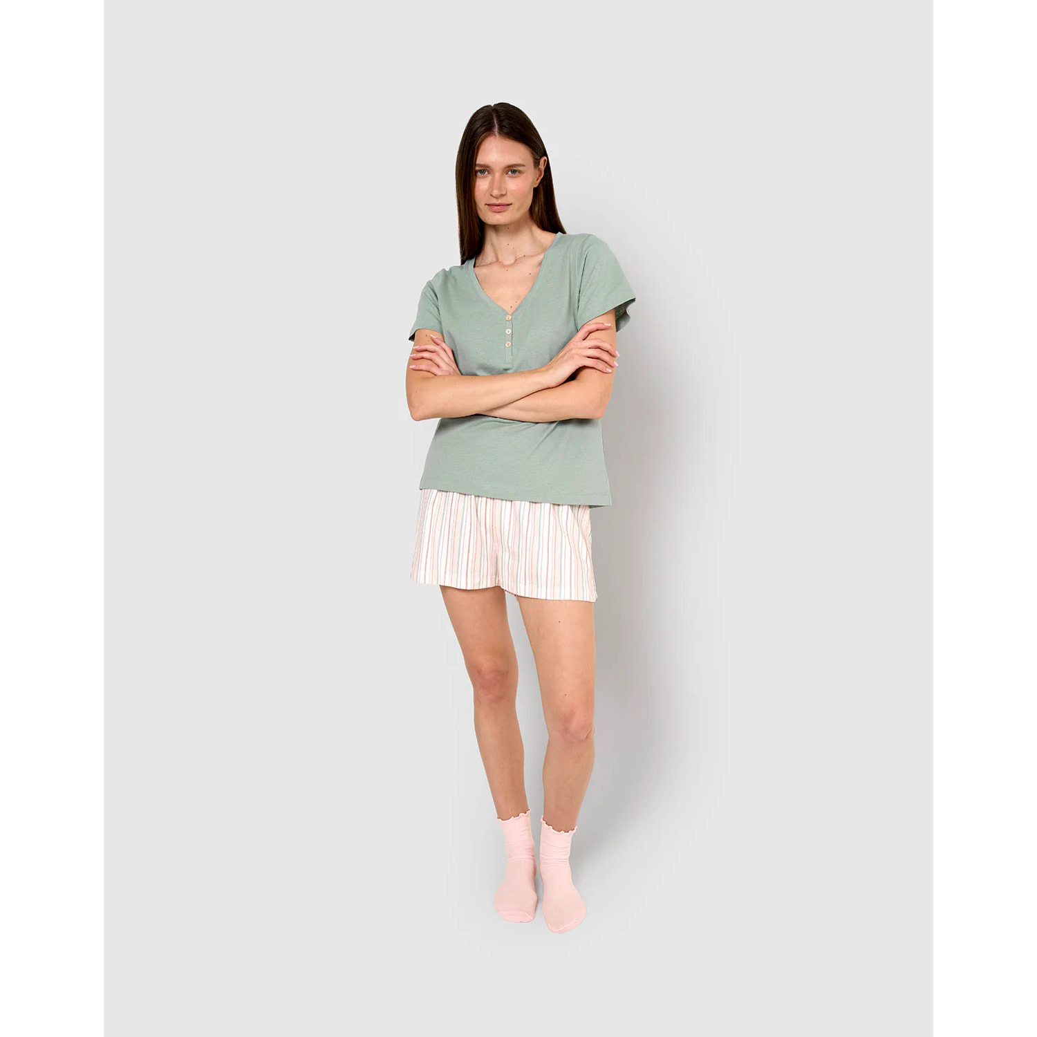 Pigiama corto cotone riga serena verde azzurrognolo