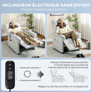 Fauteuil massant chauffant inclinable poches rangement port USB intégré velours gris