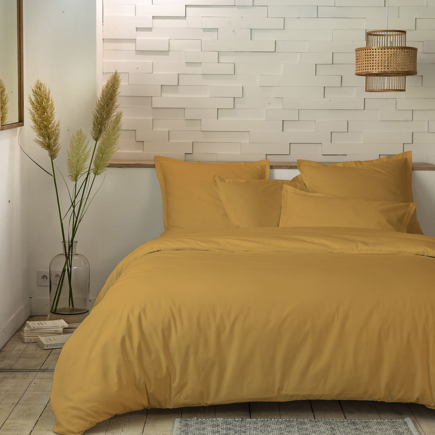 Drap housse 100% coton uni - jaune moutarde