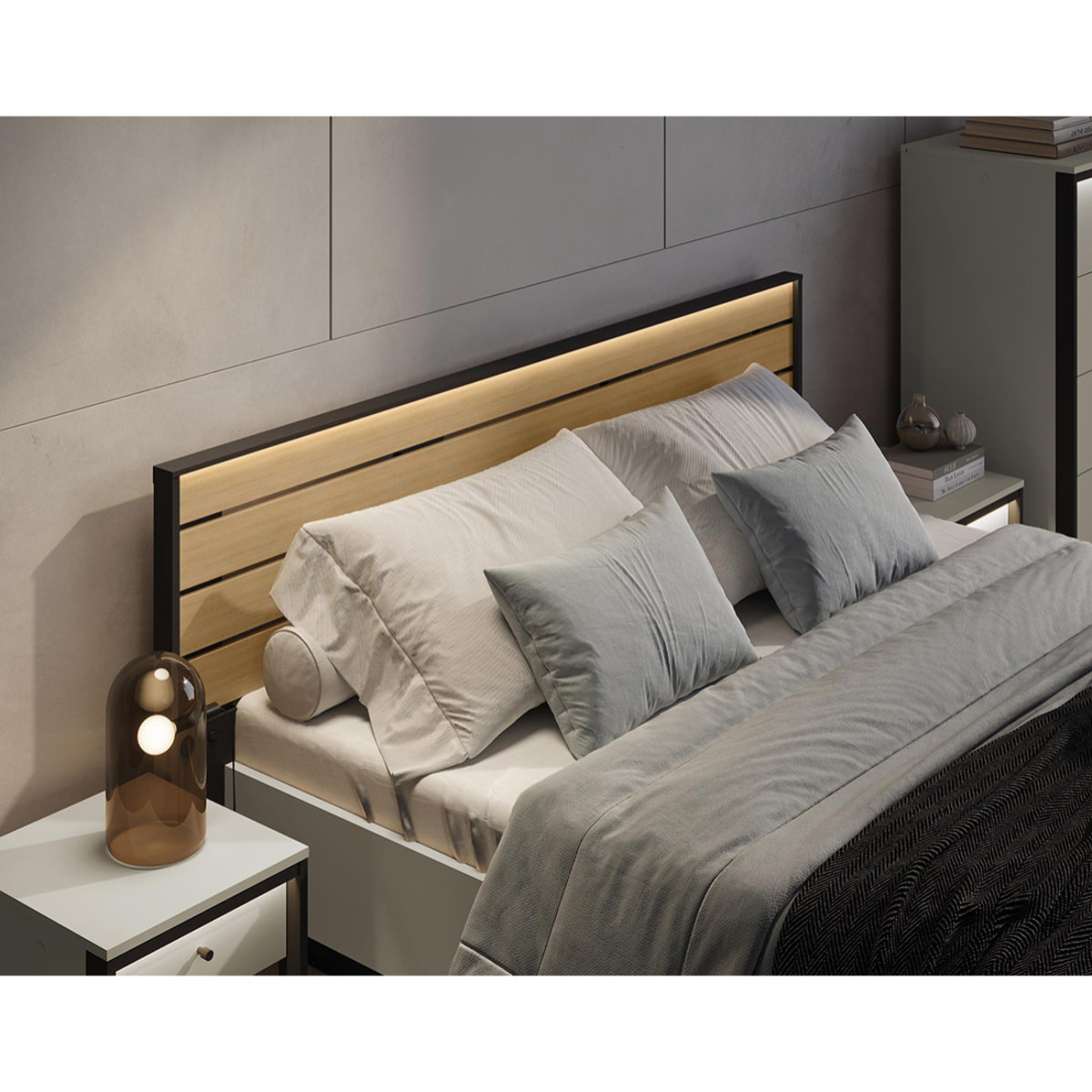 Kimi - lit coffre - 180x200 cm - sommier et port USB inclus - Beige / Noir