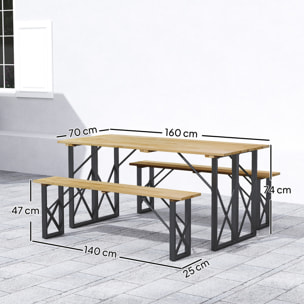 Ensemble table et 2 bancs en bois 6 personnes - table 160 cm avec espace parasol - acier épicéa
