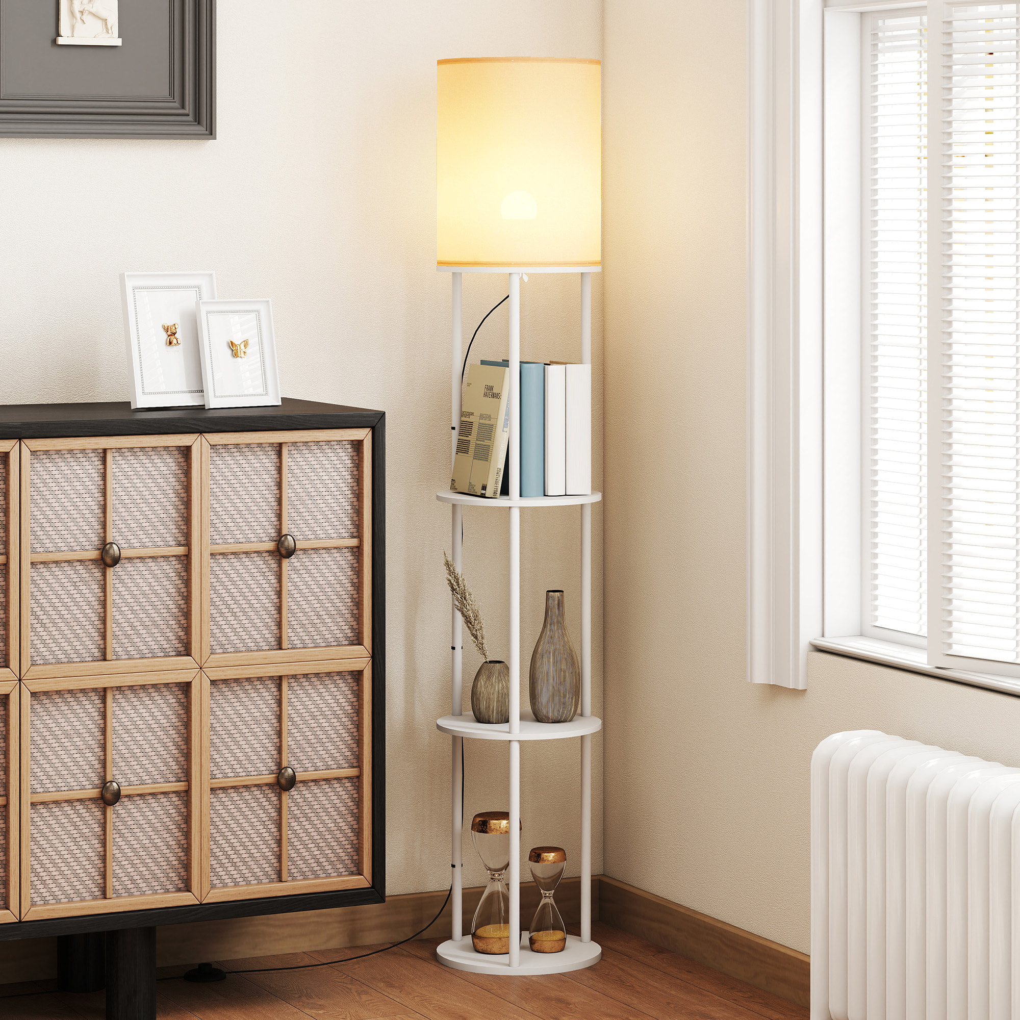 Lámpara de Pie con Estantes, Lámpara con 3 Temperaturas de Color, Control Remoto, Bombilla E27, para Salón, Dormitorio, Oficina, Blanco