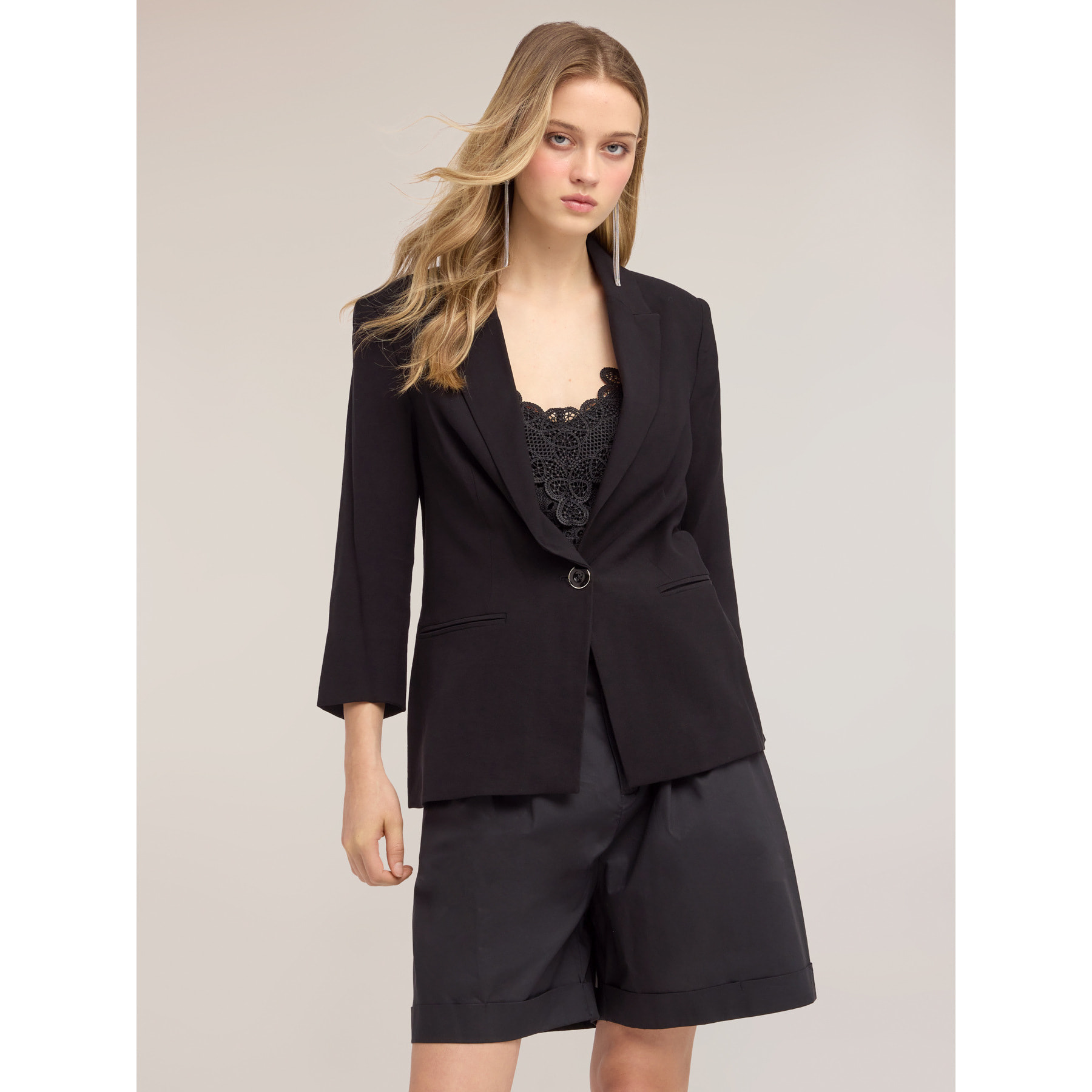 Motivi - Blazer monopetto in tencel con pizzo - Nero
