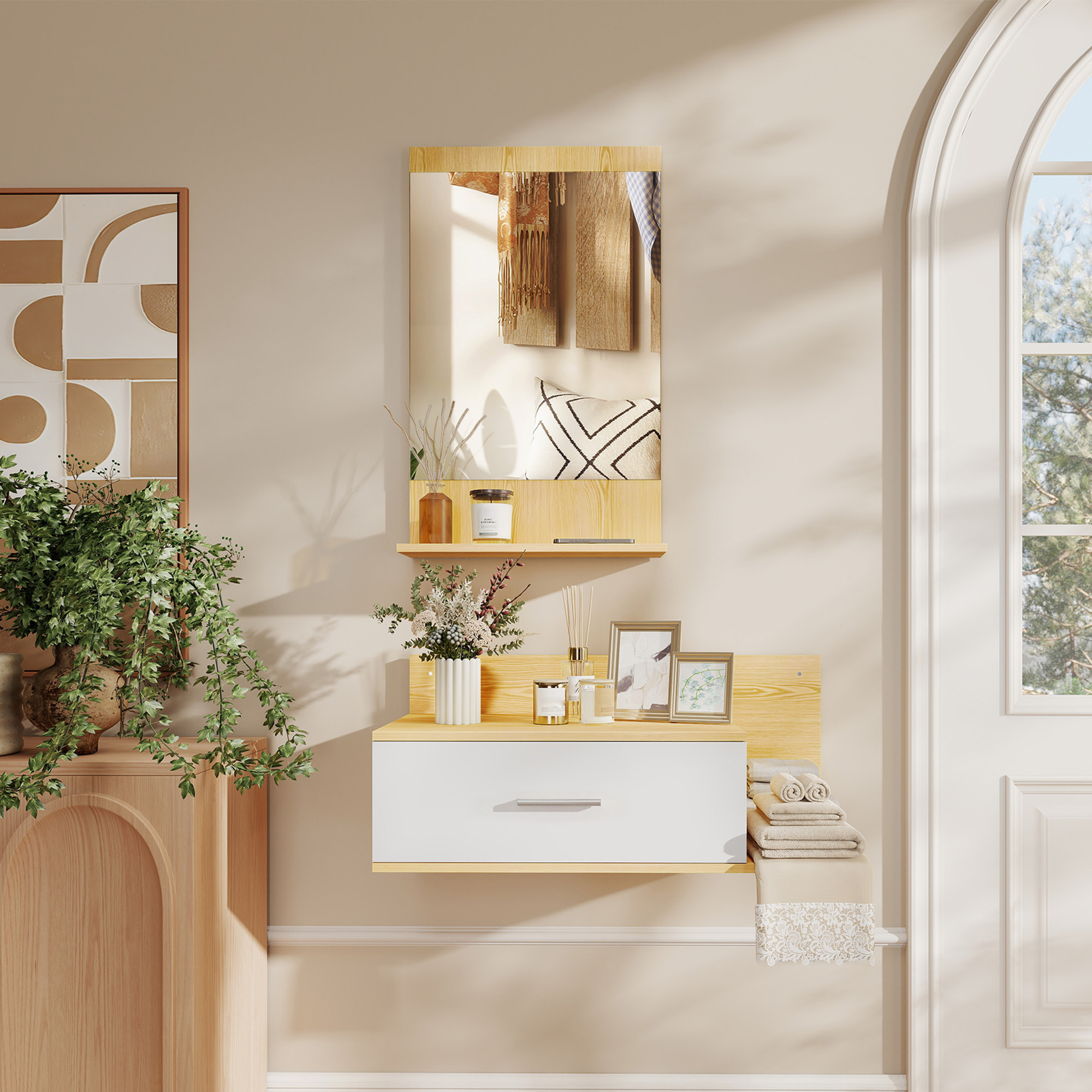 Conjunto de Recibidor de Entrada de Pared con Espejo, Cajón y 2 Estantes Abiertos, Muebles Recibidor para Pasillo, Madera Natural