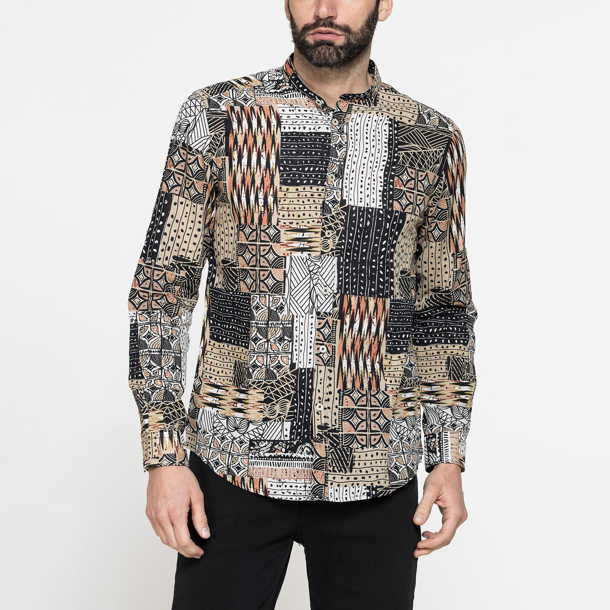 CAMICIA COREANA IN LINO COTONE STAMPATO