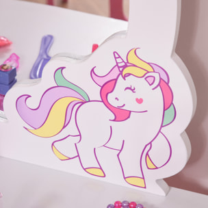 Coiffeuse enfant design licorne - tabouret inclus - dim. 49L x 34l x 90H cm - tiroir, miroir - MDF - rose blanc