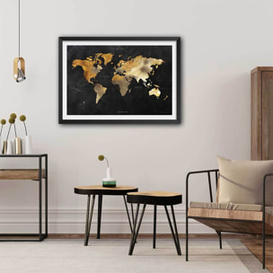 Affiche carte du monde dorée Affiche sous cadre noir