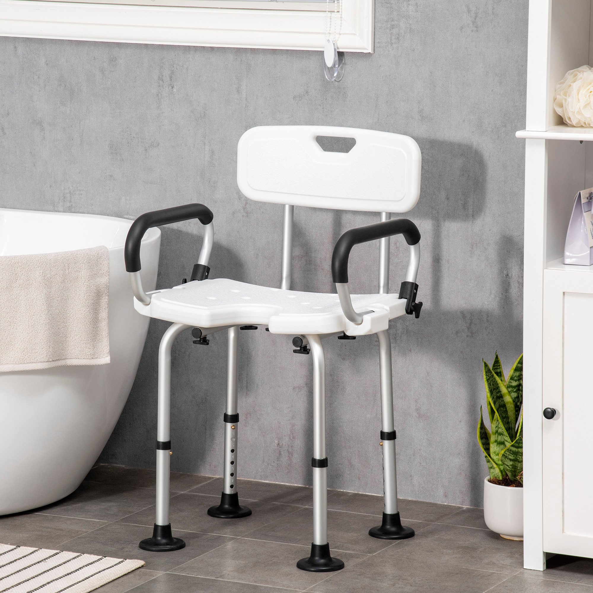 HOMCOM Silla para Ducha de Aleación de Aluminio Taburete de Baño Antideslizante con Altura Ajustable de 6 Niveles y Reposabrazos Regulable para Mayores 54x52x70-82 cm Blanco