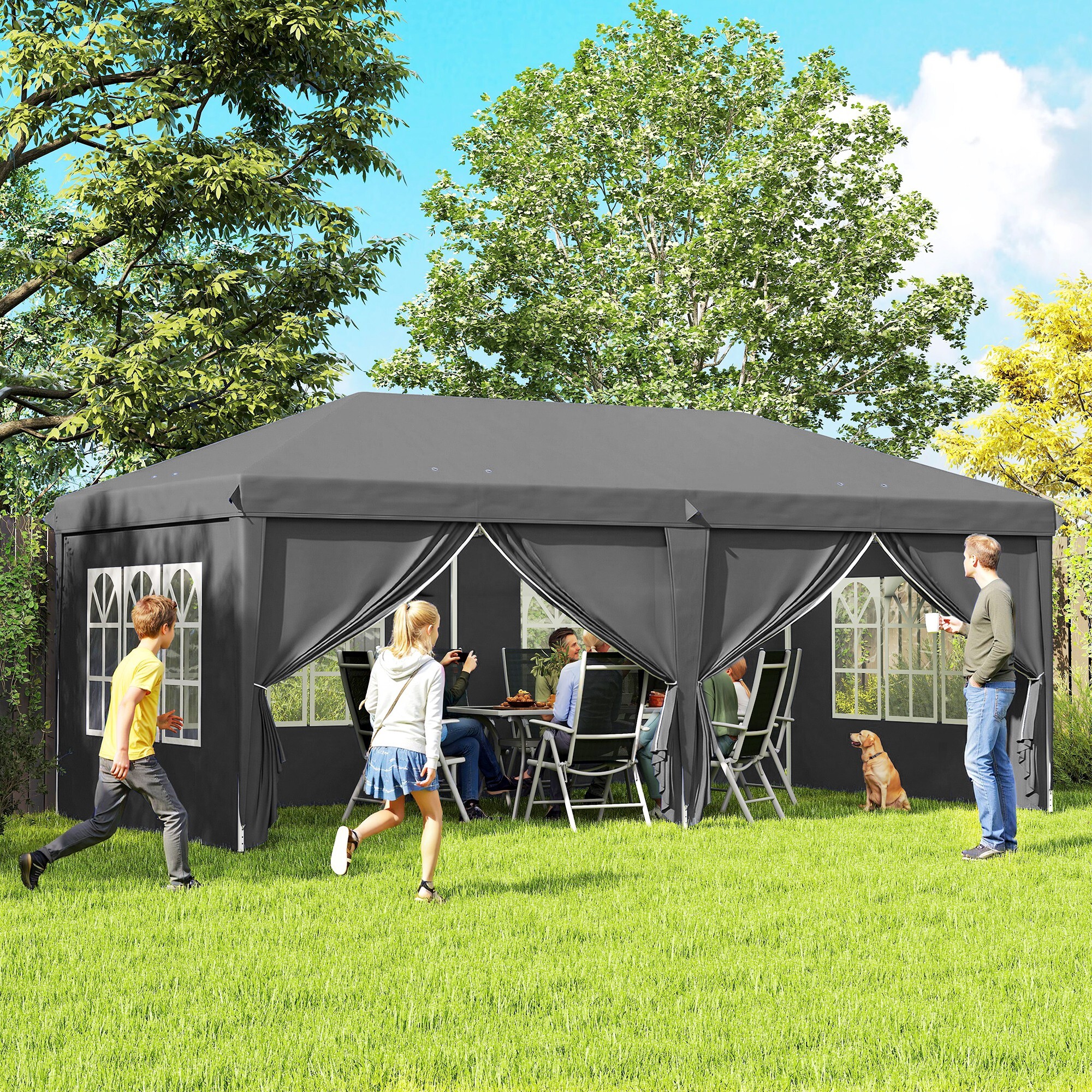 Tonnelle barnum pliant pop-up imperméabilisé 5,85L x 2,95l x 2,7H m 6 parois latérales amovibles 4 fenêtres + sac de transport anthracite