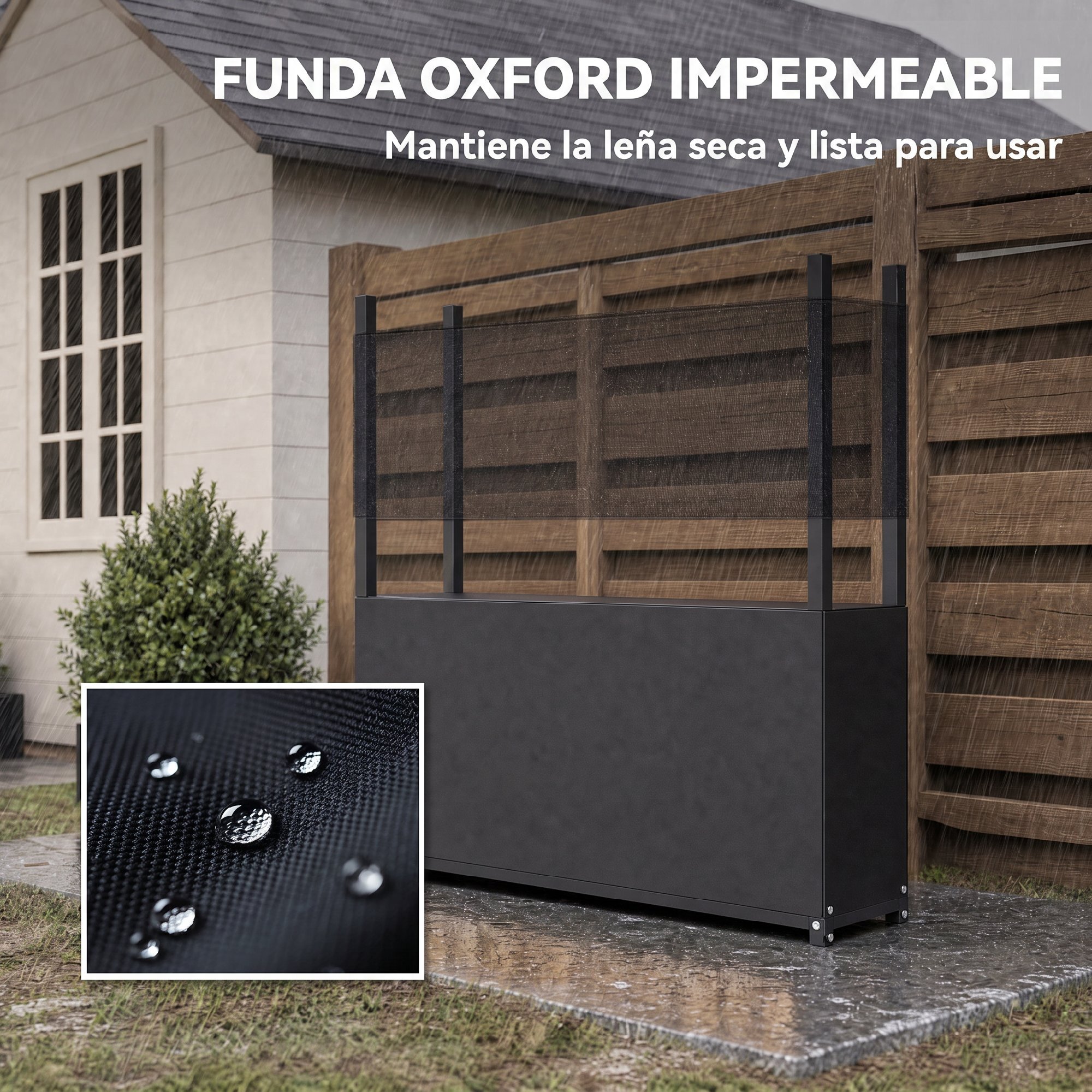 Outsunny Estante de Leña con Funda Oxford 600D, Leñero Exterior de Acero Galvanizado Robusto, Carga 250 kg, para Interior y Exterior, Jardín, Terraza, 106x25x113 cm, Negro