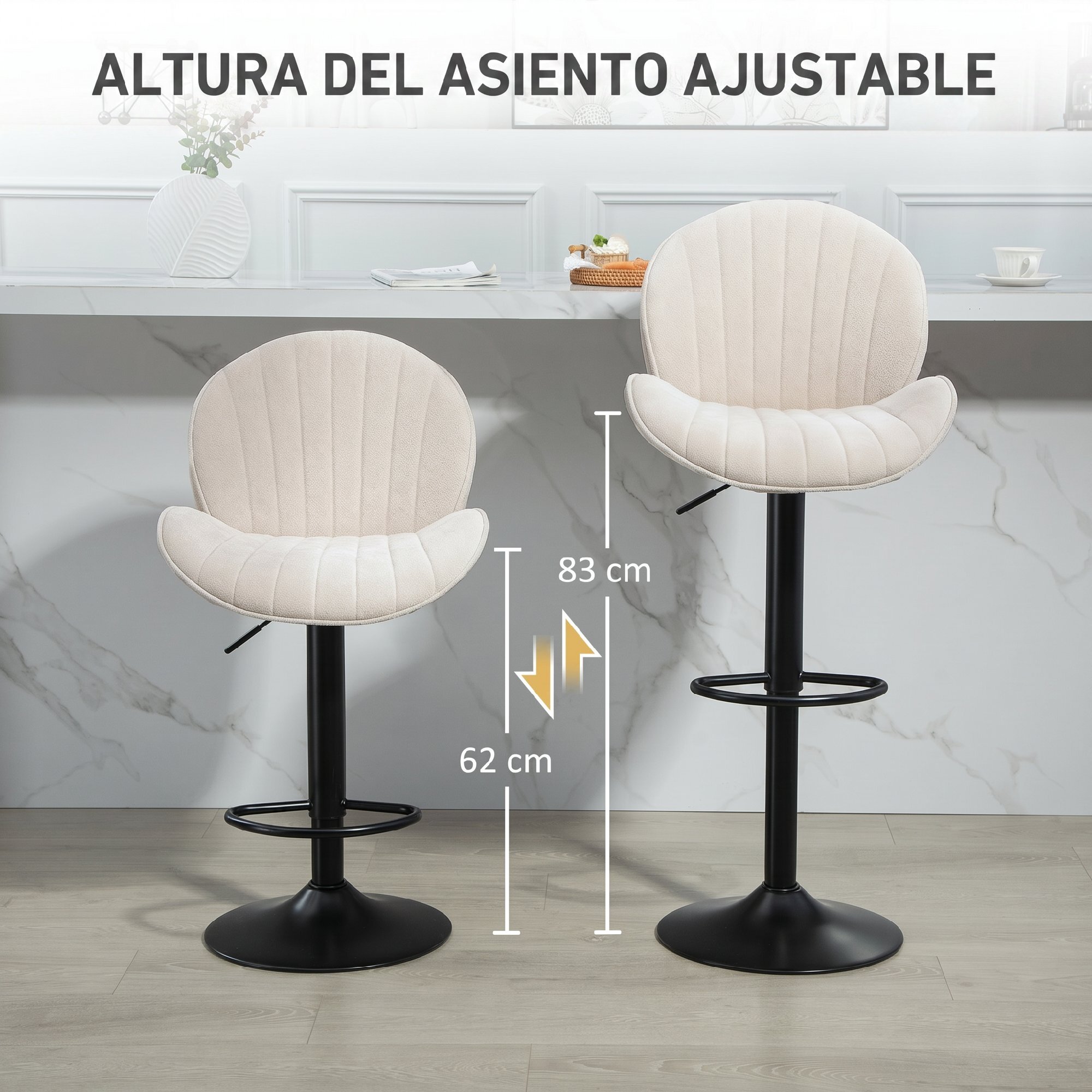 Juego de 2 Taburetes de Bar Giratorios, Taburetes Altos de Cocina con Altura Ajustable 62-83 cm, Sillas Altas de Cocina, Tapizada en Chenilla, Respaldo y Reposapiés, Marco de Acero, Beige