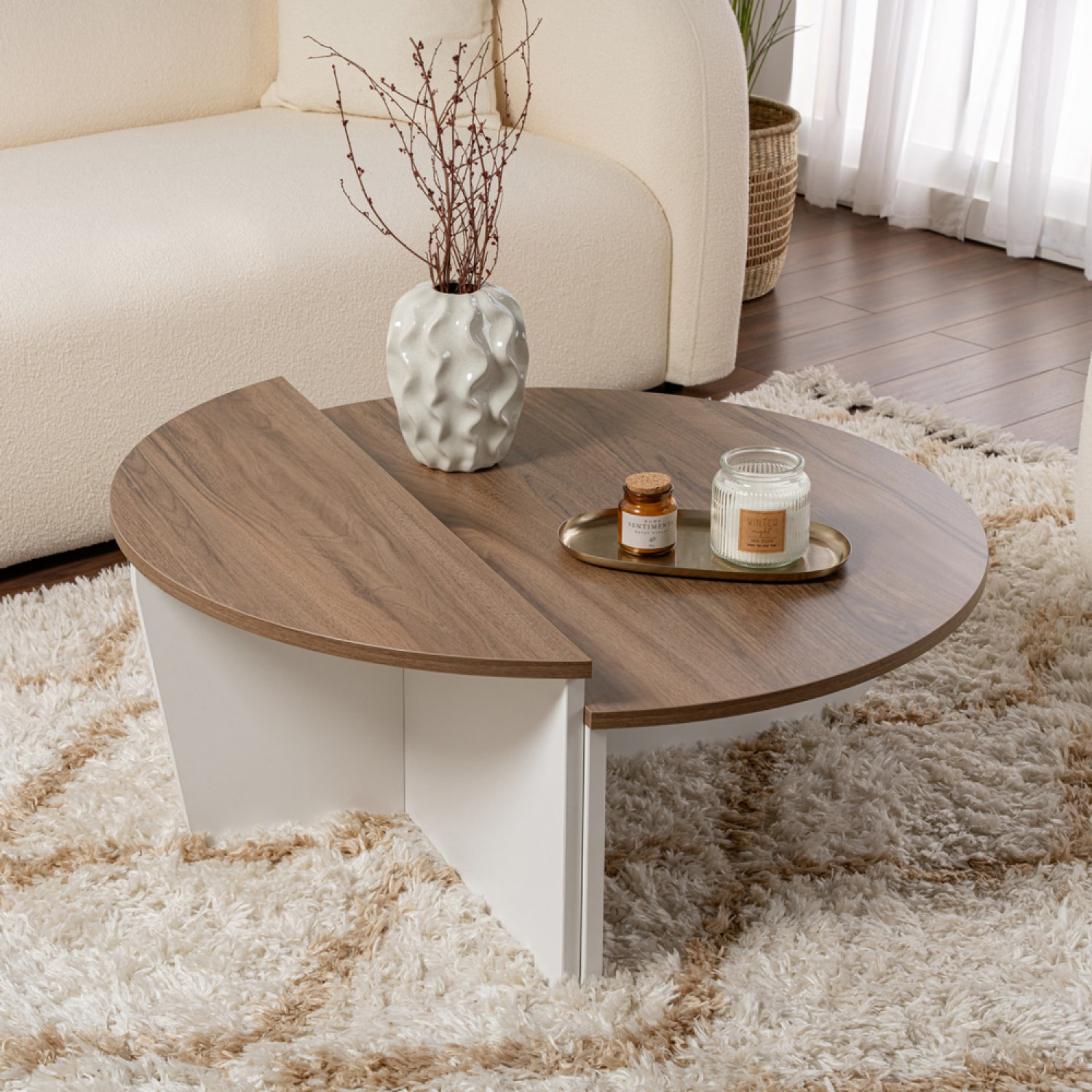BONY Table basse ronde podium bois noyer et blanc 90cm