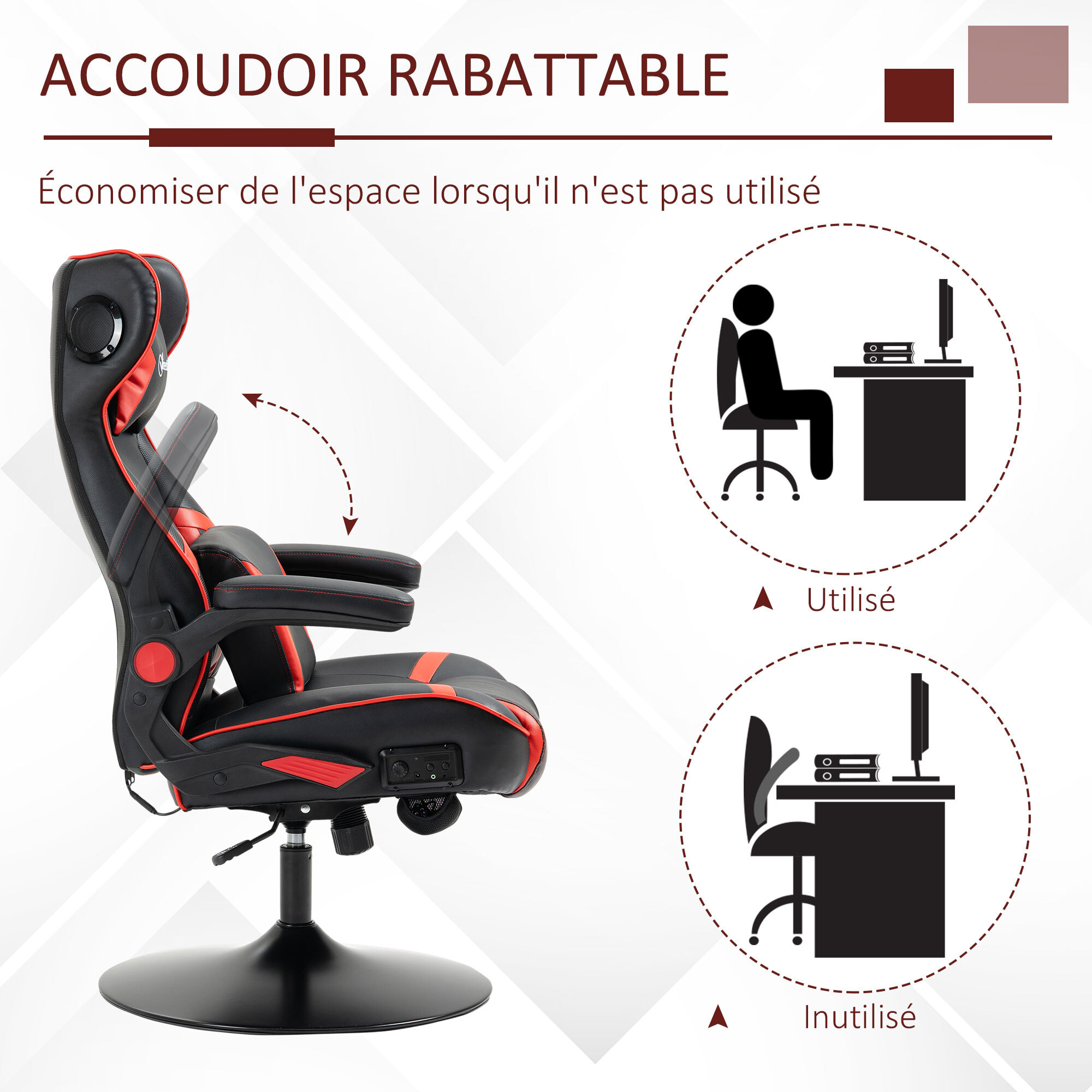 Fauteuil gaming fauteuil de bureau gamer fonction audio pivotant réglable accoudoirs relevables rouge noir