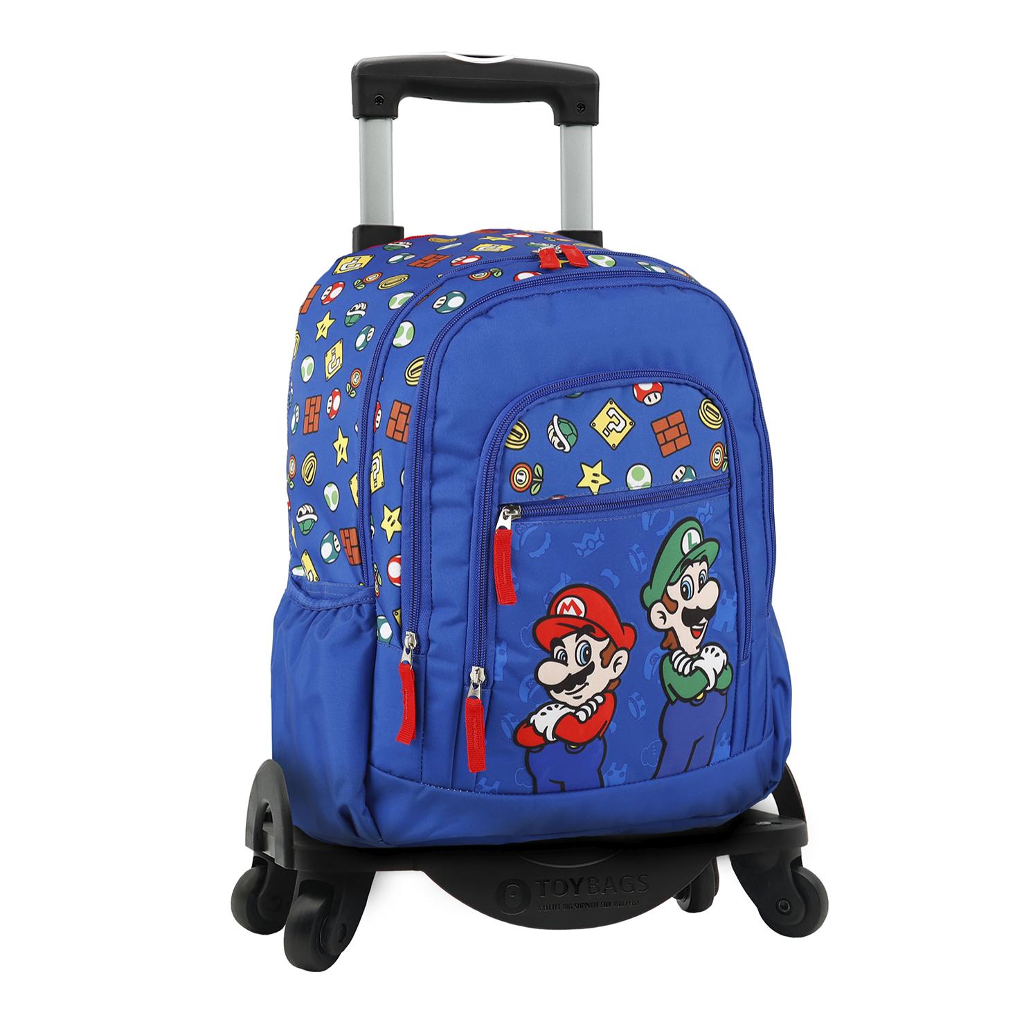 Super Mario y Luigi mochila primaria doble compartimento + carro con protección lateral y stoper frontal, 4 ruedas multidireccionales.