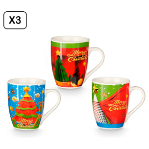 Pack de 3 tazas de Navidad 350ml. Surtido de 3 diseños de Árboles.