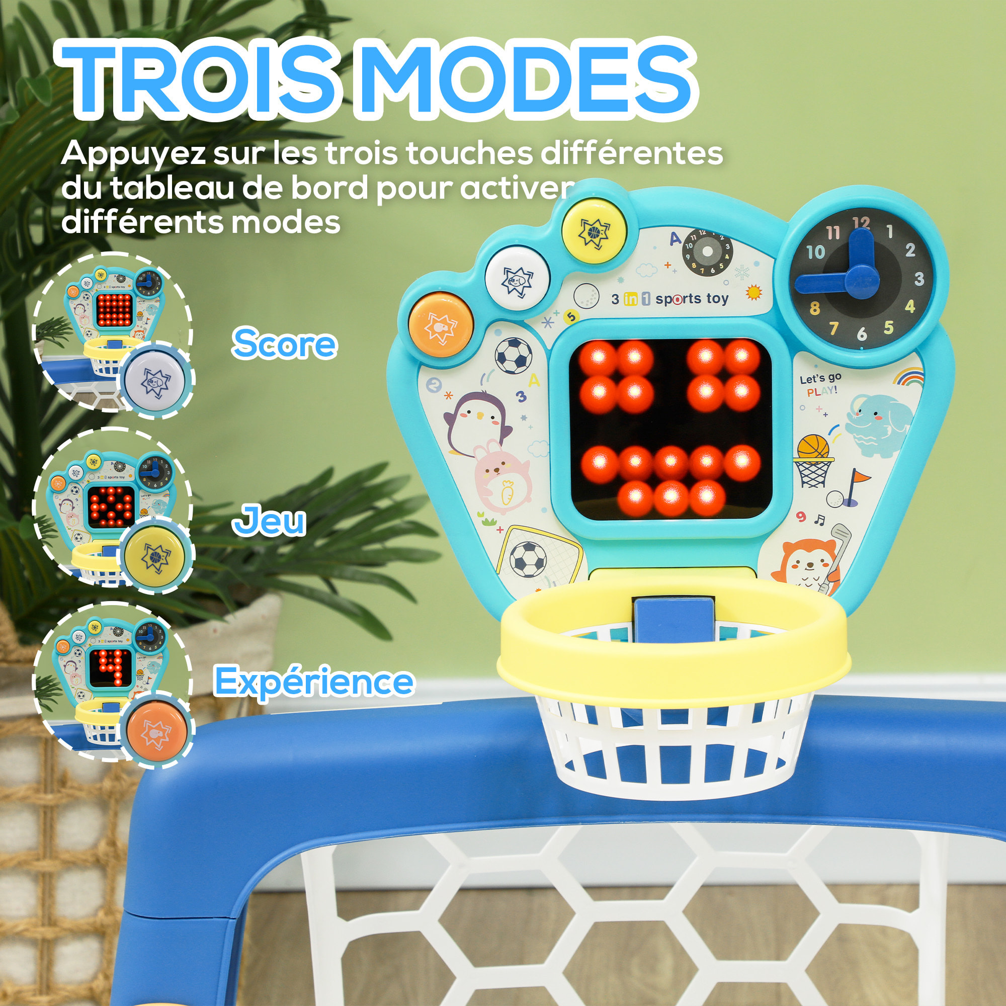 Jeux sportifs 3 en 1 enfant 18-48 mois - foot, basket, golf - effets lumineux sonores bleu