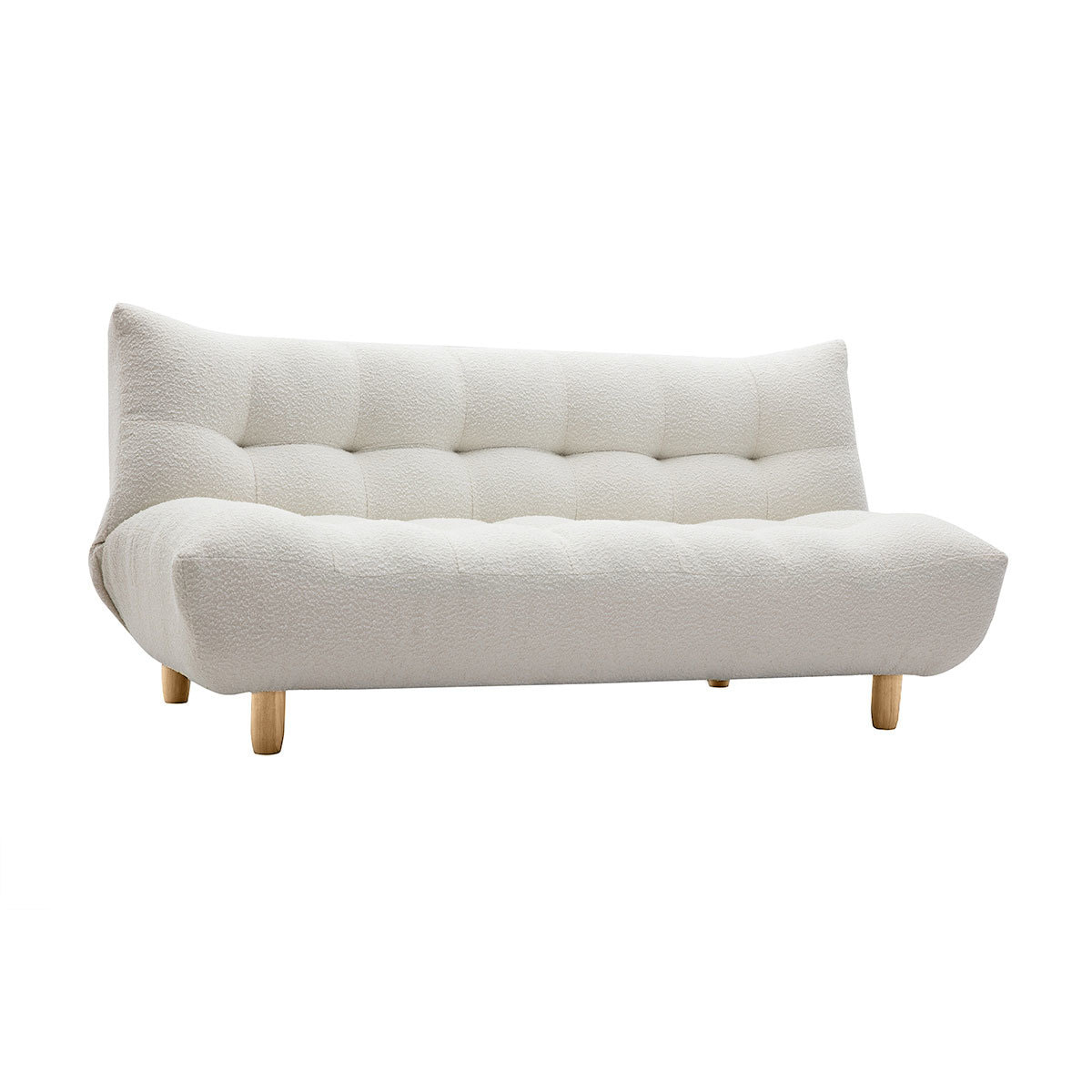 Canapé convertible scandinave 3 places en tissu effet laine bouclée blanc et bois clair YUMI