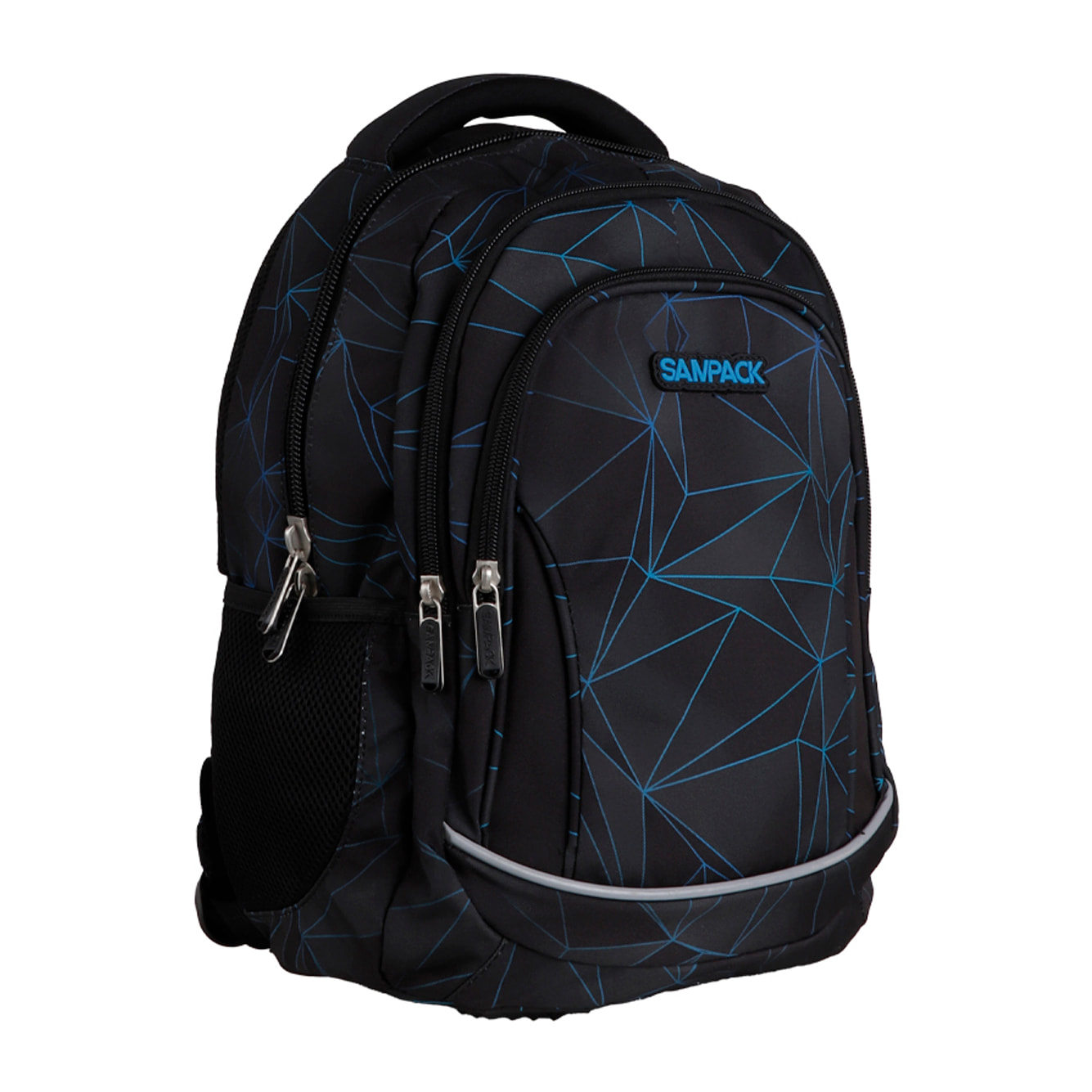 Zaino scolastico con tre zip, pannello imbottito, dettagli riflettenti e compatibile con trolley. 28x12x37 cm.