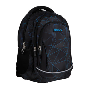 Zaino scolastico con tre zip, pannello imbottito, dettagli riflettenti e compatibile con trolley. 28x12x37 cm.