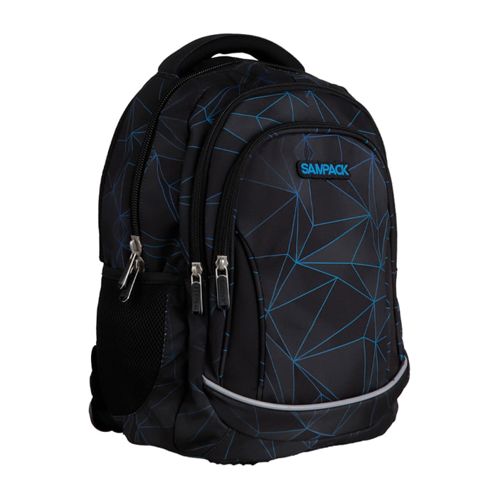Zaino scolastico con tre zip, pannello imbottito, dettagli riflettenti e compatibile con trolley. 28x12x37 cm.