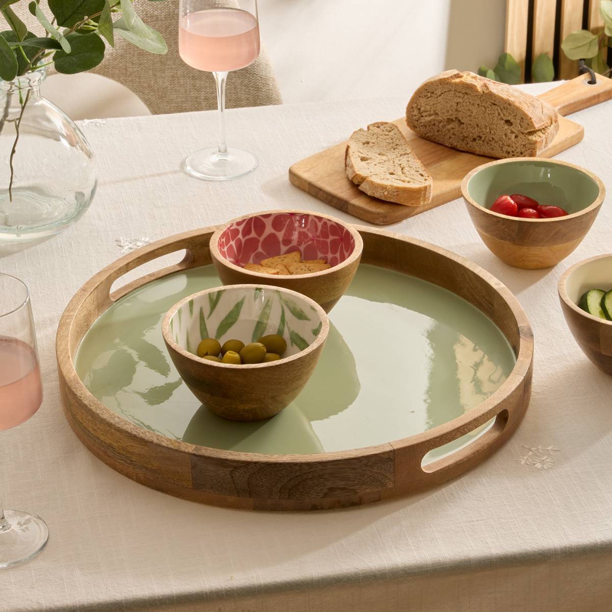 Plateau rond Inaya D38cm vert et manguier