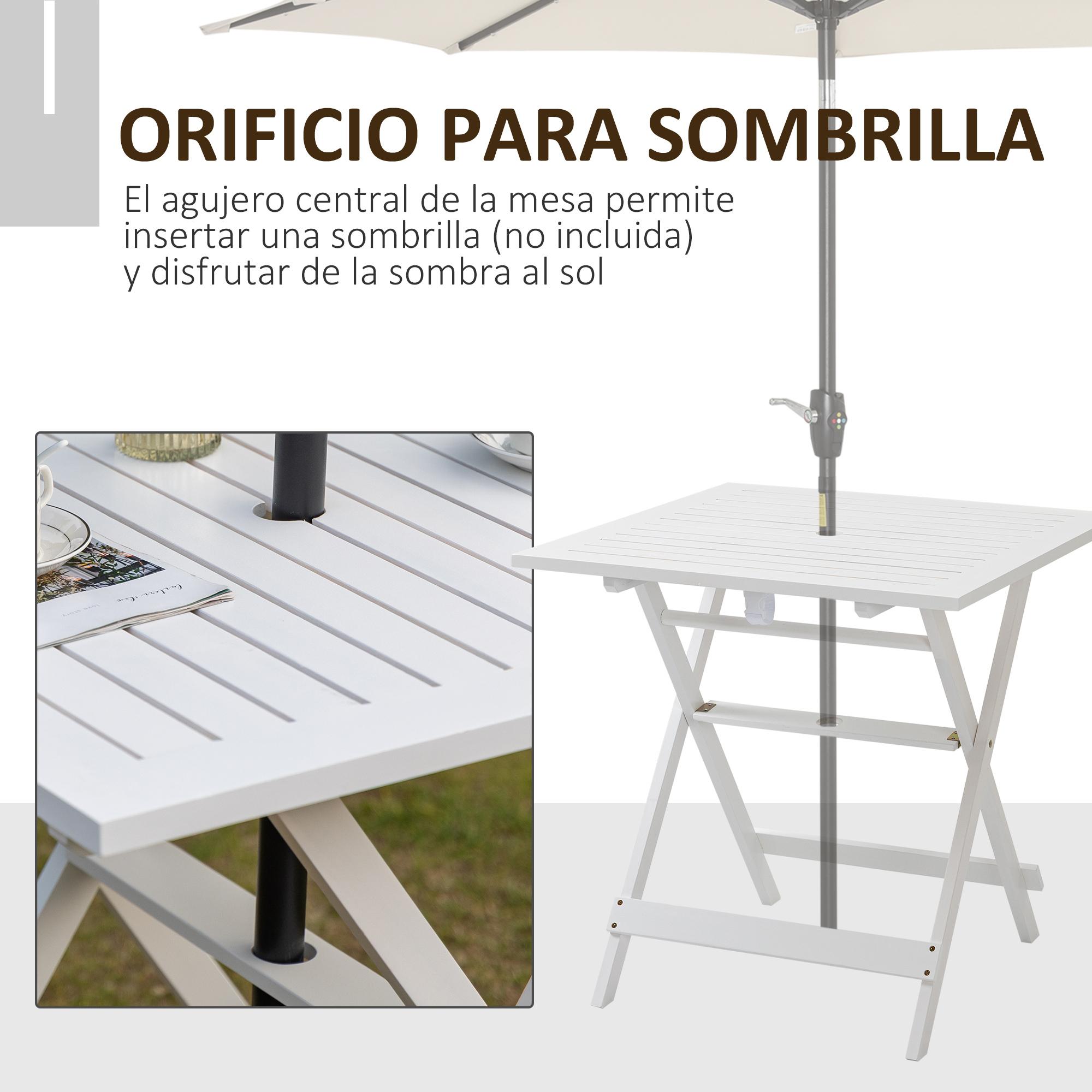 Outsunny Mesa de Jardín Plegable de Madera con Agujero para Sombrilla 70x70x70cm