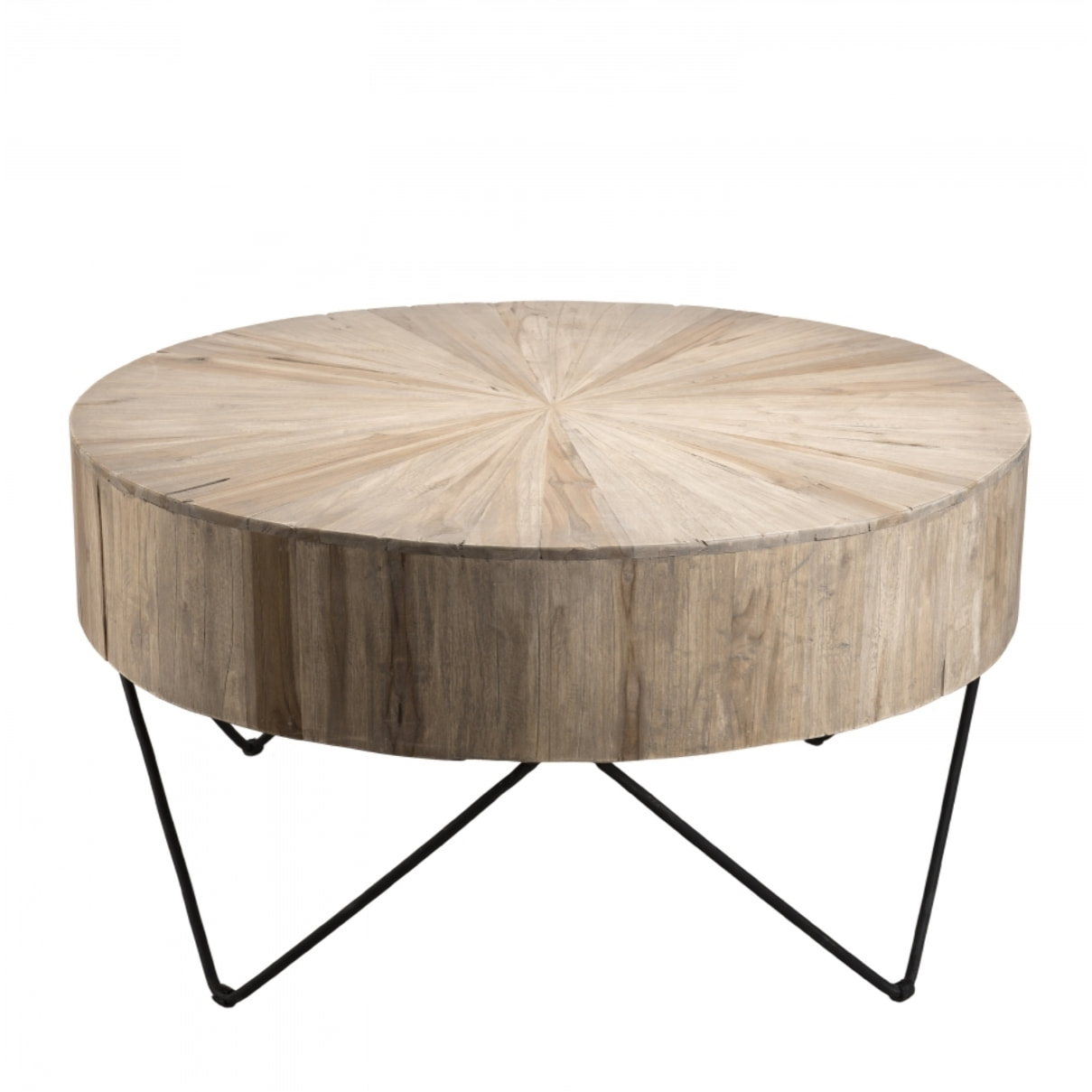 LALY - Table basse ronde 90x90cm bois Teck naturel pieds épingles scandi métal noir