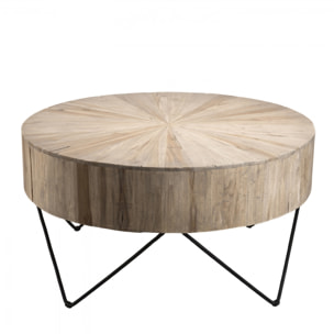 LALY - Table basse ronde 90x90cm bois Teck naturel pieds épingles scandi métal noir