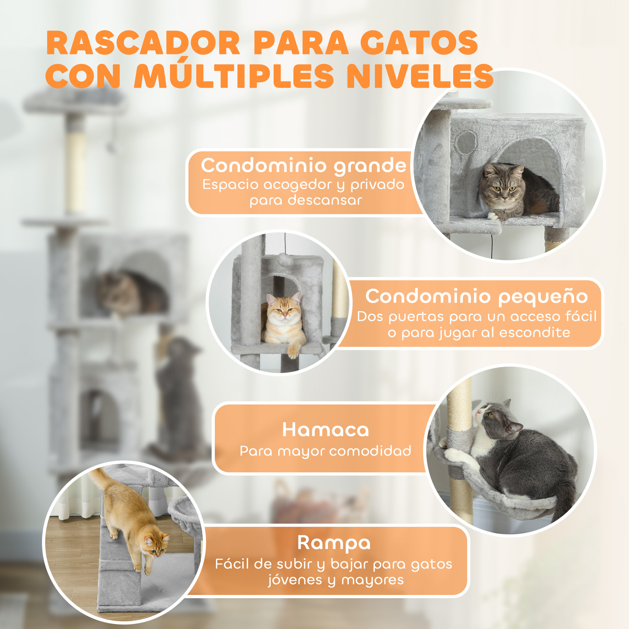 Árbol Rascador para Gatos, Árbol para Gatos 180 cm, Torre Escalador con Múltiples Plataformas, Cama, 2 Cuevas, Hamaca, Escalera, Postes de Sisal, Bolas para Jugar, Gris Claro