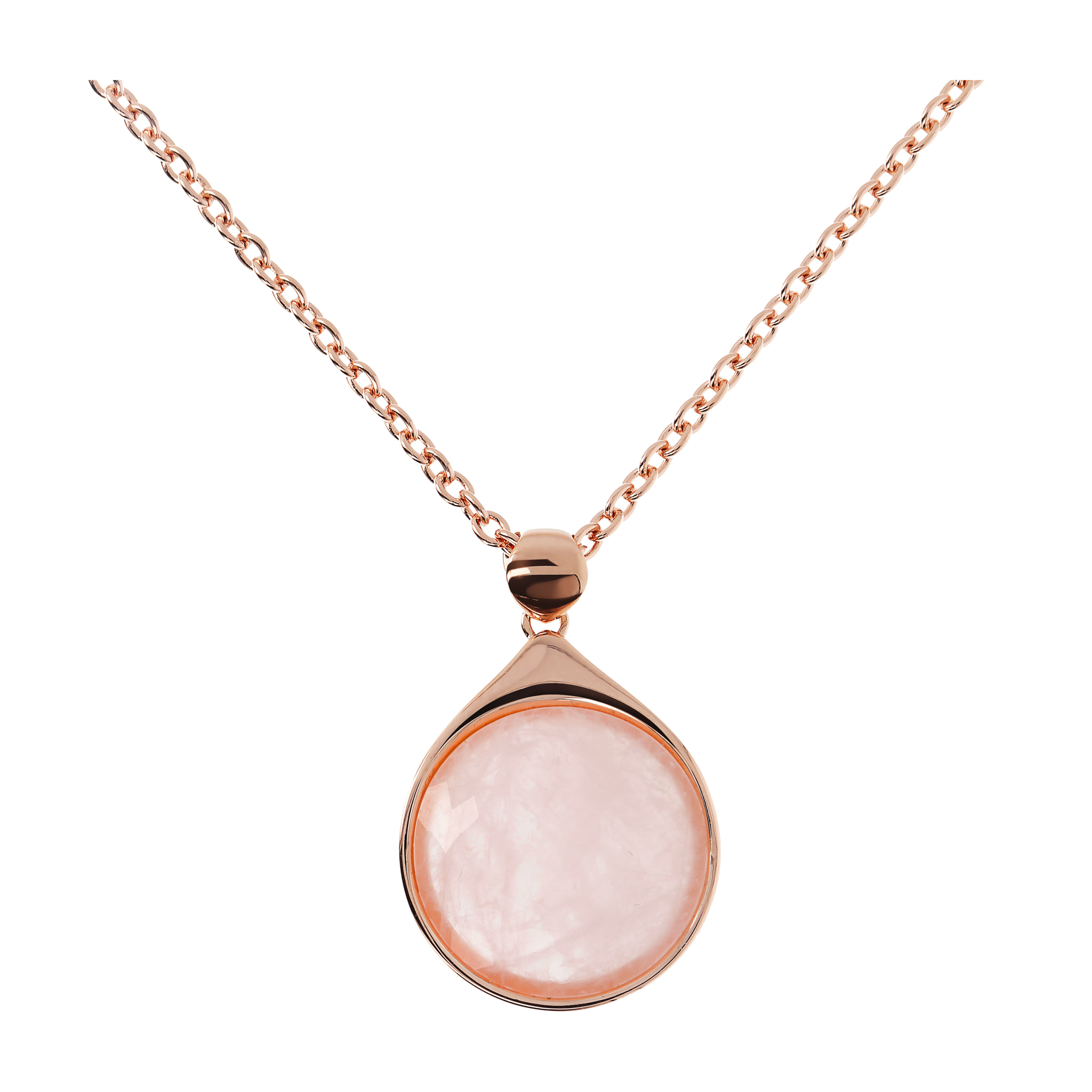 Collana Lunga Catena Rolo con Pendente in Pietra Naturale Tonda Quarzo Rosa