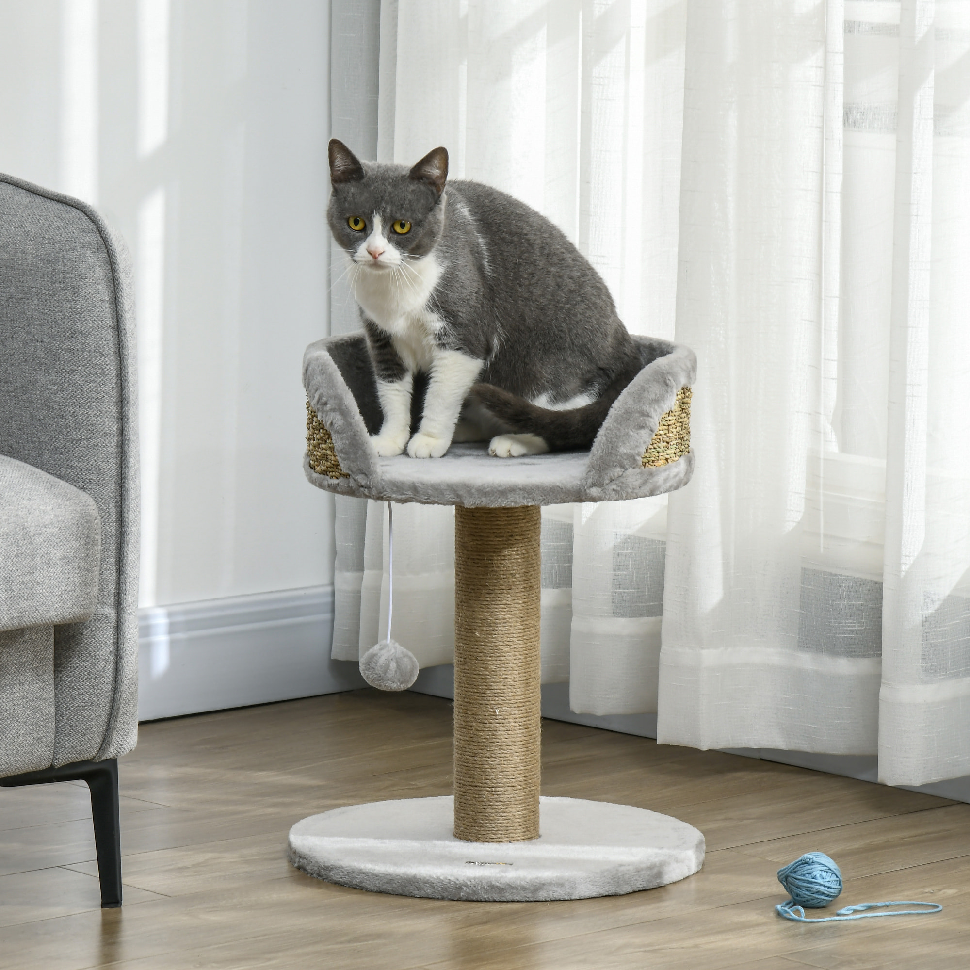 Arbre à chat griffoir 2 niveaux H. 49 cm - poteau sisal, plateforme observation, jeu de boule suspendue - jute polyester gris
