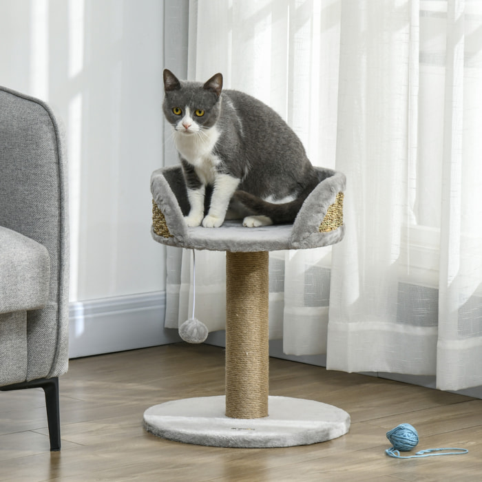 Arbre à chat griffoir 2 niveaux H. 49 cm - poteau sisal, plateforme observation, jeu de boule suspendue - jute polyester gris