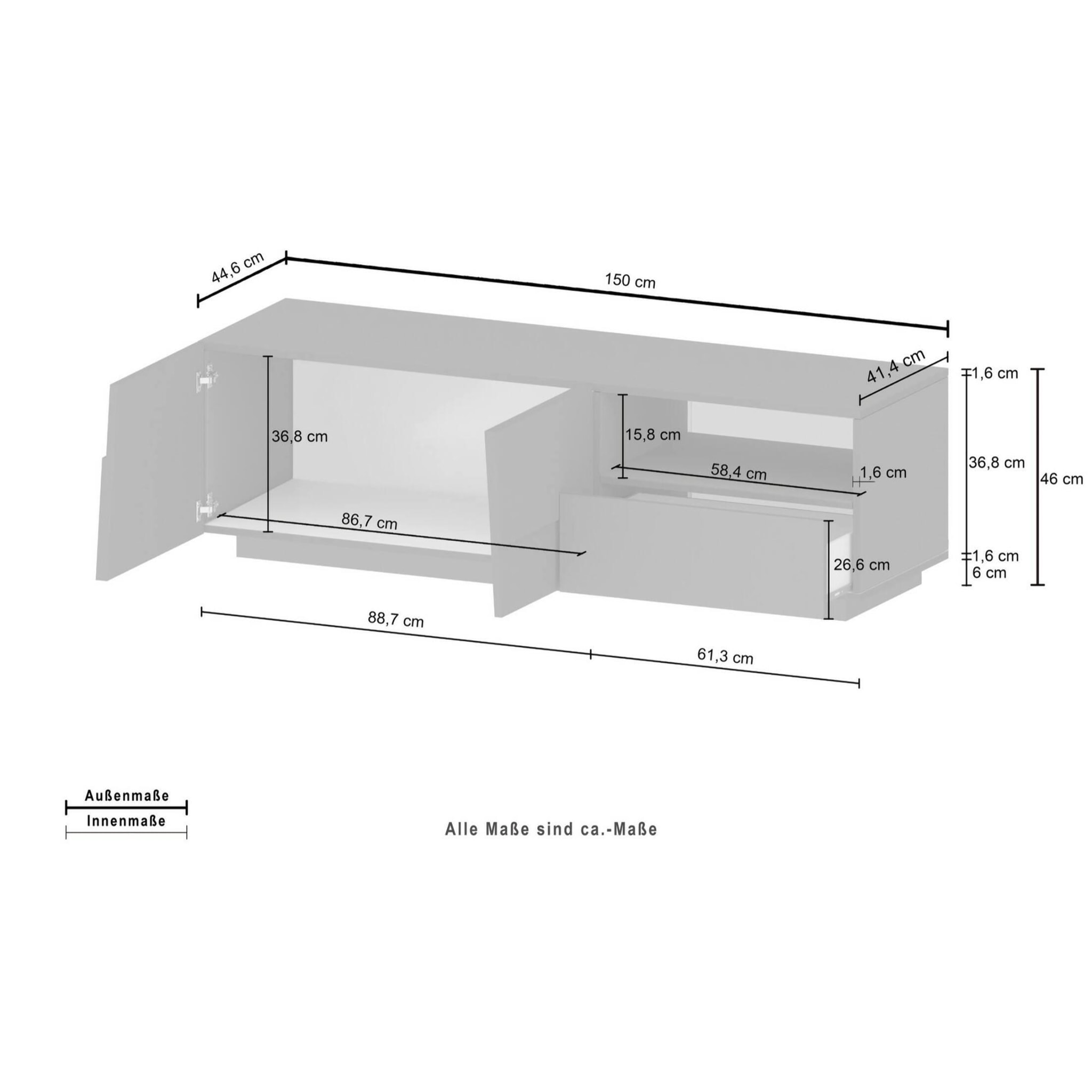 Mobile porta TV Dcoulibal, Credenza bassa da soggiorno con 2 ante e 1 cassetto, Base porta TV, 150x44h46 cm, Antracite