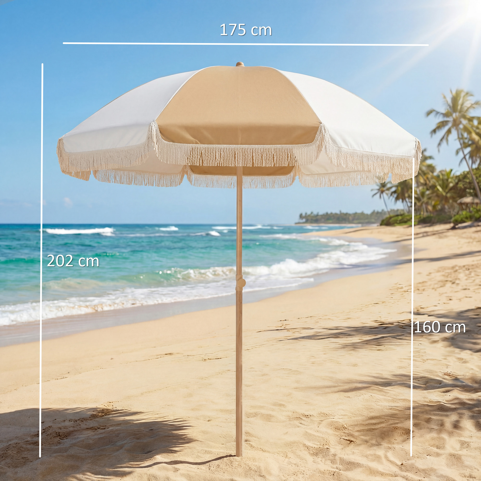 Parasol de plage inclinable à franges dia. 1,7 m beige blanc
