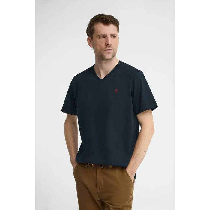 Camiseta azul marino de cuello pico con logo Rigby Go