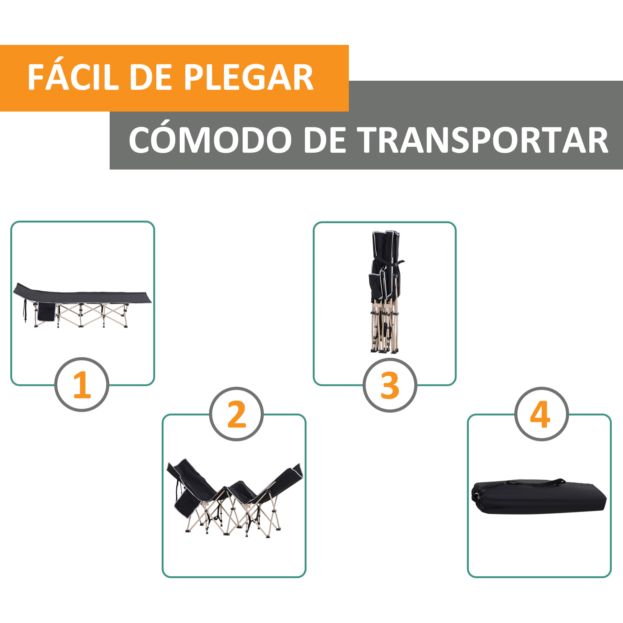 Cama de Camping Plegable Cama de Acampada con 1 Bolsillo Lateral Bolsa de Transporte y Marco de Acero Carga 150 kg para Playa Senderismo 190x68x52 cm Negro