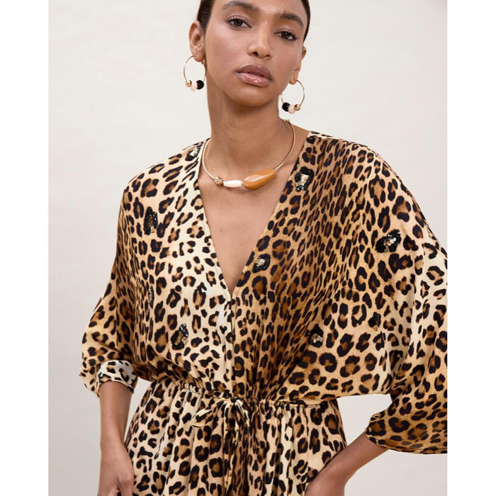 Abito lungo con maniche larghe, stampa animalier