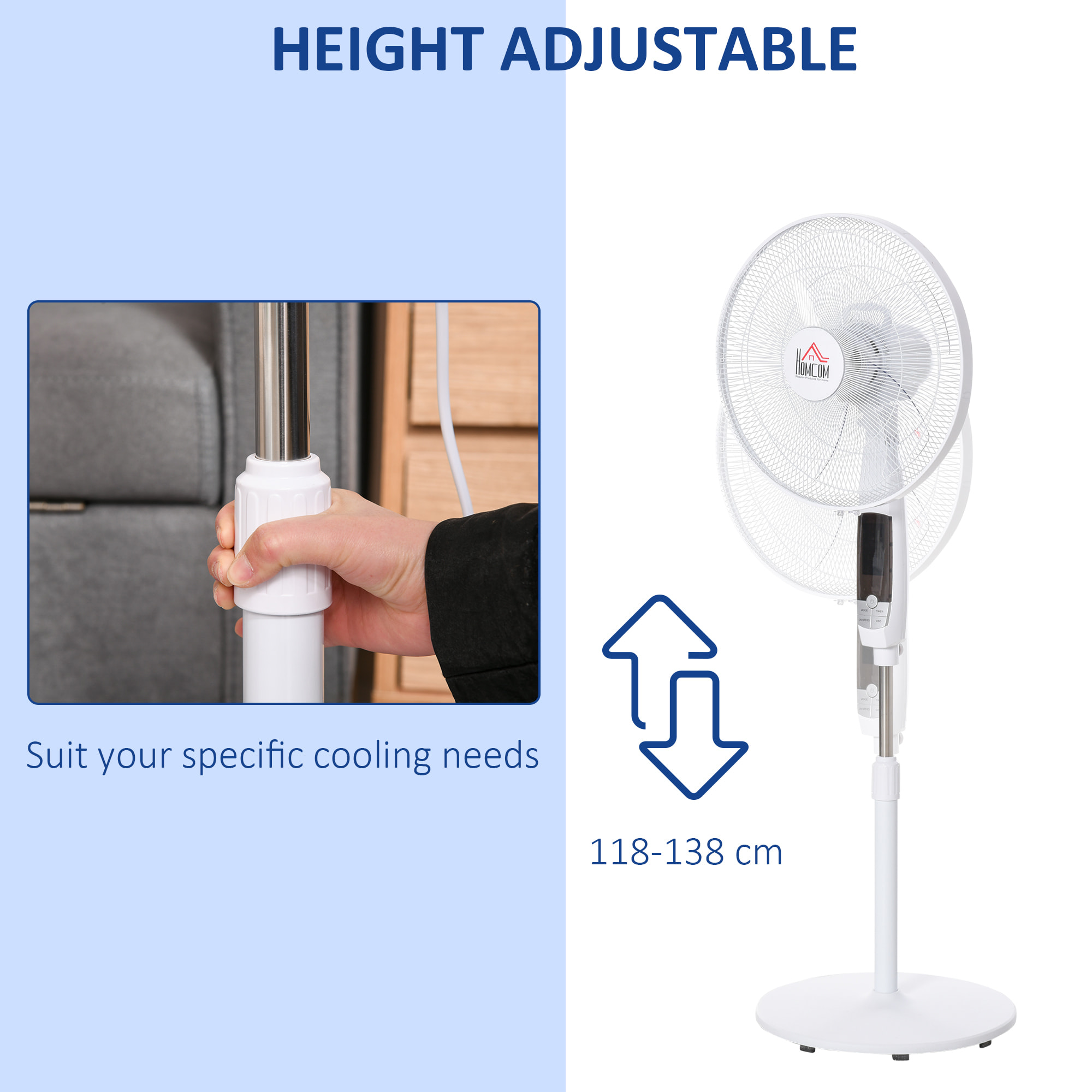 Ventilateur sur pied Ø 45 cm hauteur réglable oscillant silencieux 50 W avec télécommande timer 3 modes 3 vitesses blanc