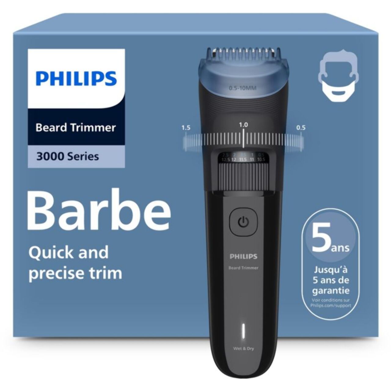 Tondeuse barbe PHILIPS BT3620/15 Series 3000, molette réglable, 40 hauteurs de coupe, précision 0,5 mm, autonomie 70 mn