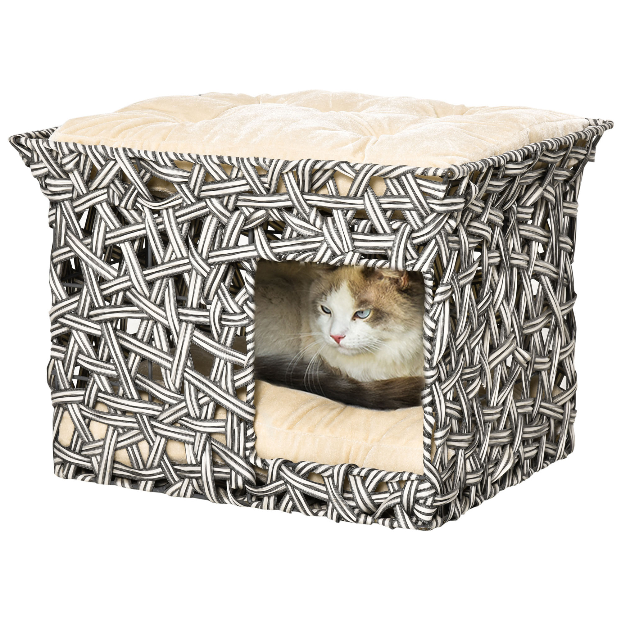 Cesta de Ratán para Gatos 2 Pisos con 2 Cojines Estructura de Metal 51x42x37 cm
