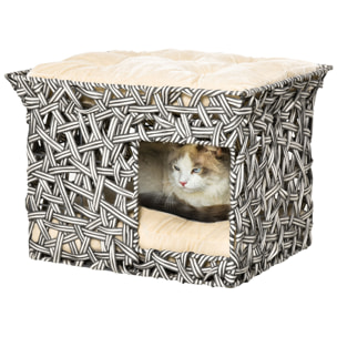Cesta de Ratán para Gatos 2 Pisos con 2 Cojines Estructura de Metal 51x42x37 cm
