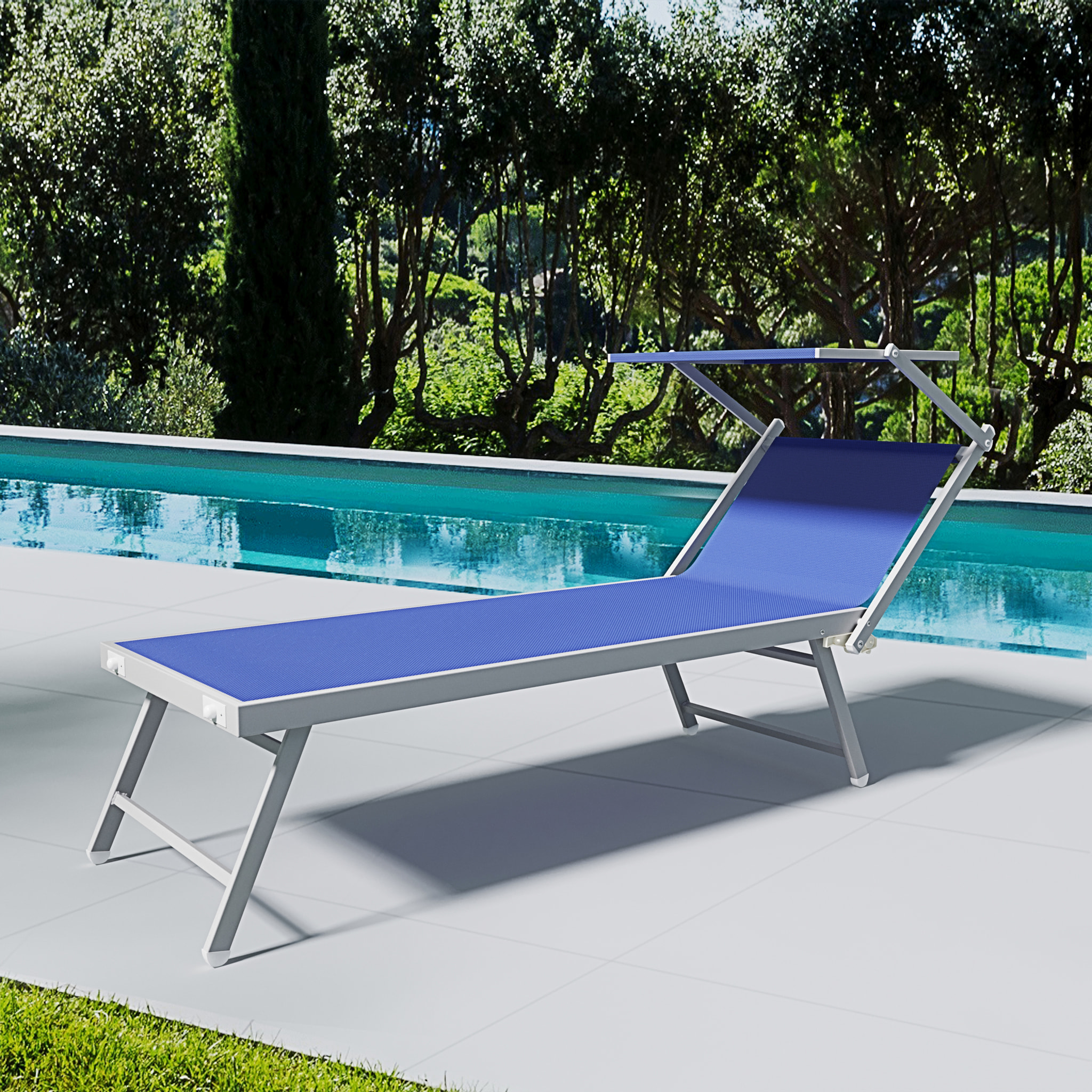 Lettino Prendisole Pieghevole Professionale in Alluminio e Tessuto Textilene Tettuccio Orientabile Parasole Sdraio Mare Spiaggia 182x60x38 cm Blu