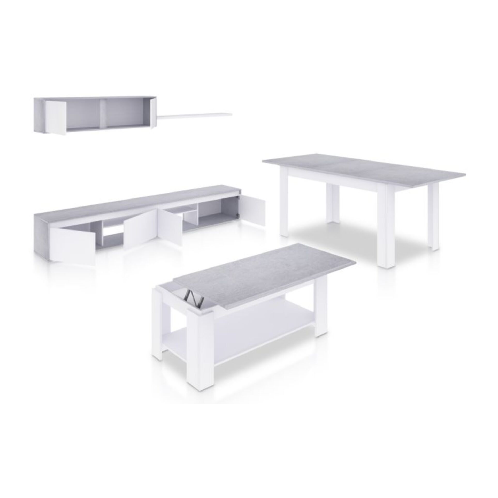 Pack salón con mesa de centro y mesa de comedor Arlet Max Blanco Artik (Blanco Mate) - Gris Cemento
