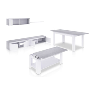 Pack salón con mesa de centro y mesa de comedor Arlet Max Blanco Artik (Blanco Mate) - Gris Cemento